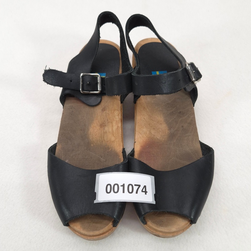 Swedish Hasbeens Clog Sandals Black 38 Retro Boho Wood Platform Peep Toe Heels - Picture 11 of 11